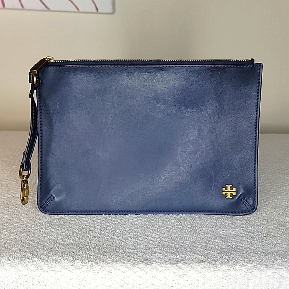 Tory Burch Large Zip Pouch Leather Wristlet Blue